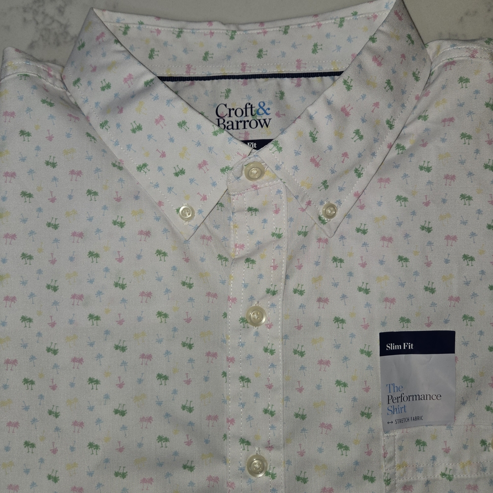 Croft & Barrow‎ Men's White and Green Patterned Short Sleeve Shirt - Picture 5 of 14